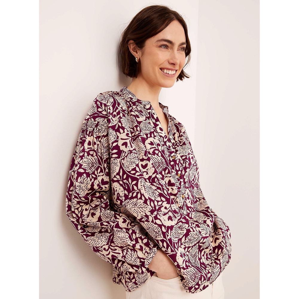 Vanessa Bruno Nipoa Top Sz US S Plum Garden 100% Cotton Burgundy Floral Smocking